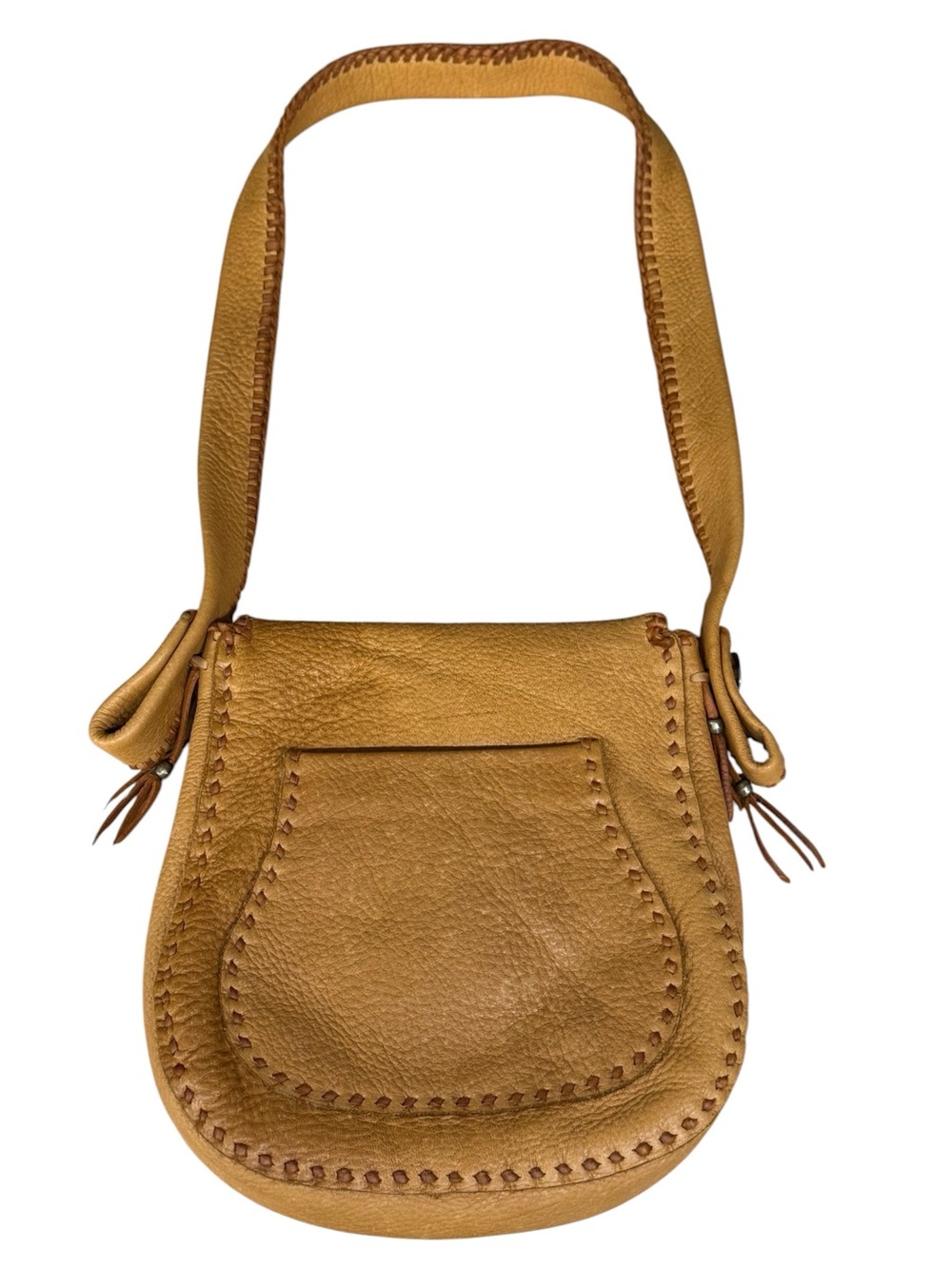 Vintage 70s Hippie Leather Bohemian Boho Gypsy Style Whip-Stitch Shoulder Bag - Picture 4 of 13